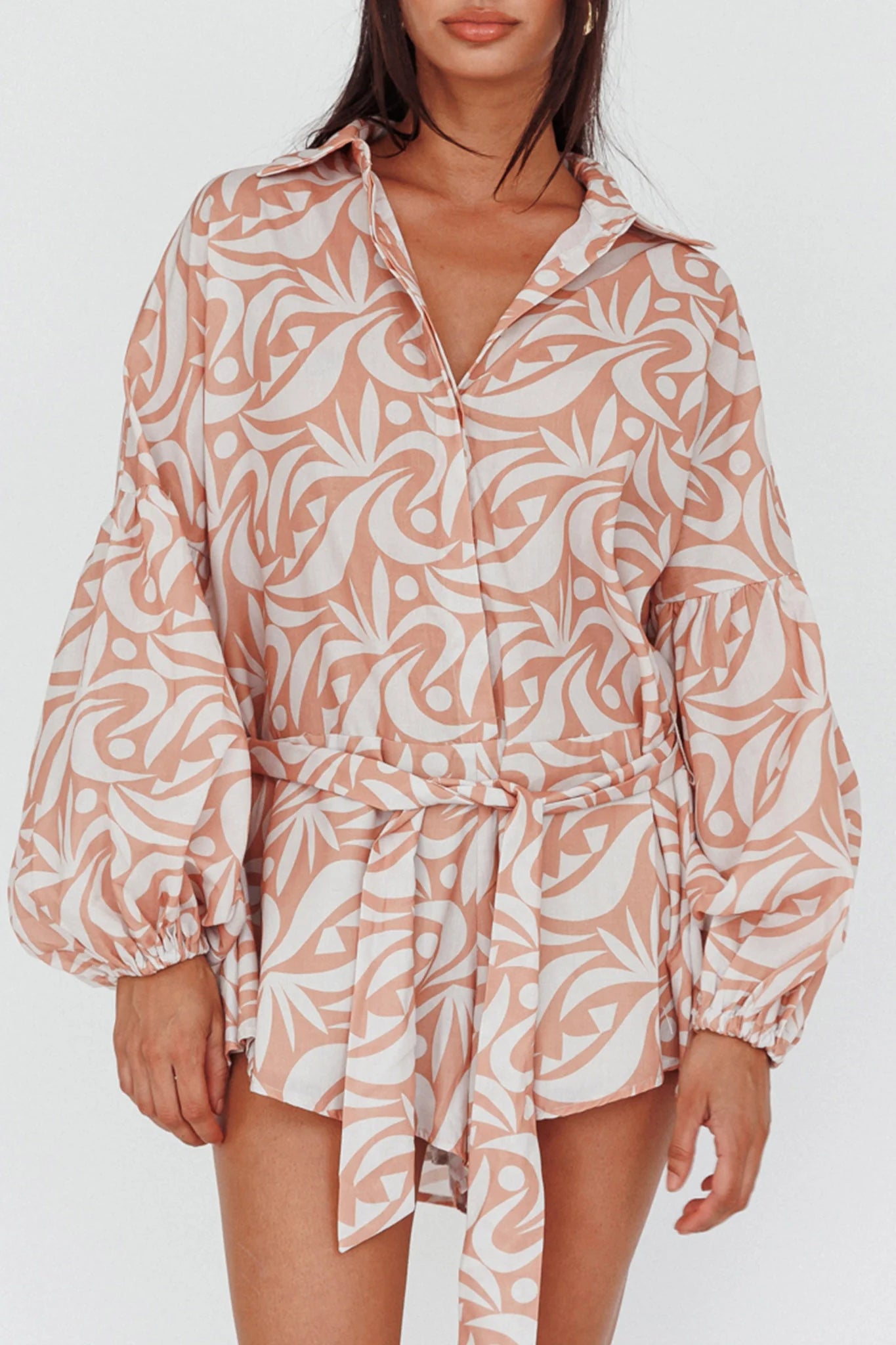 Daytona Beach Long Sleeve Shirt Romper Print Peach
