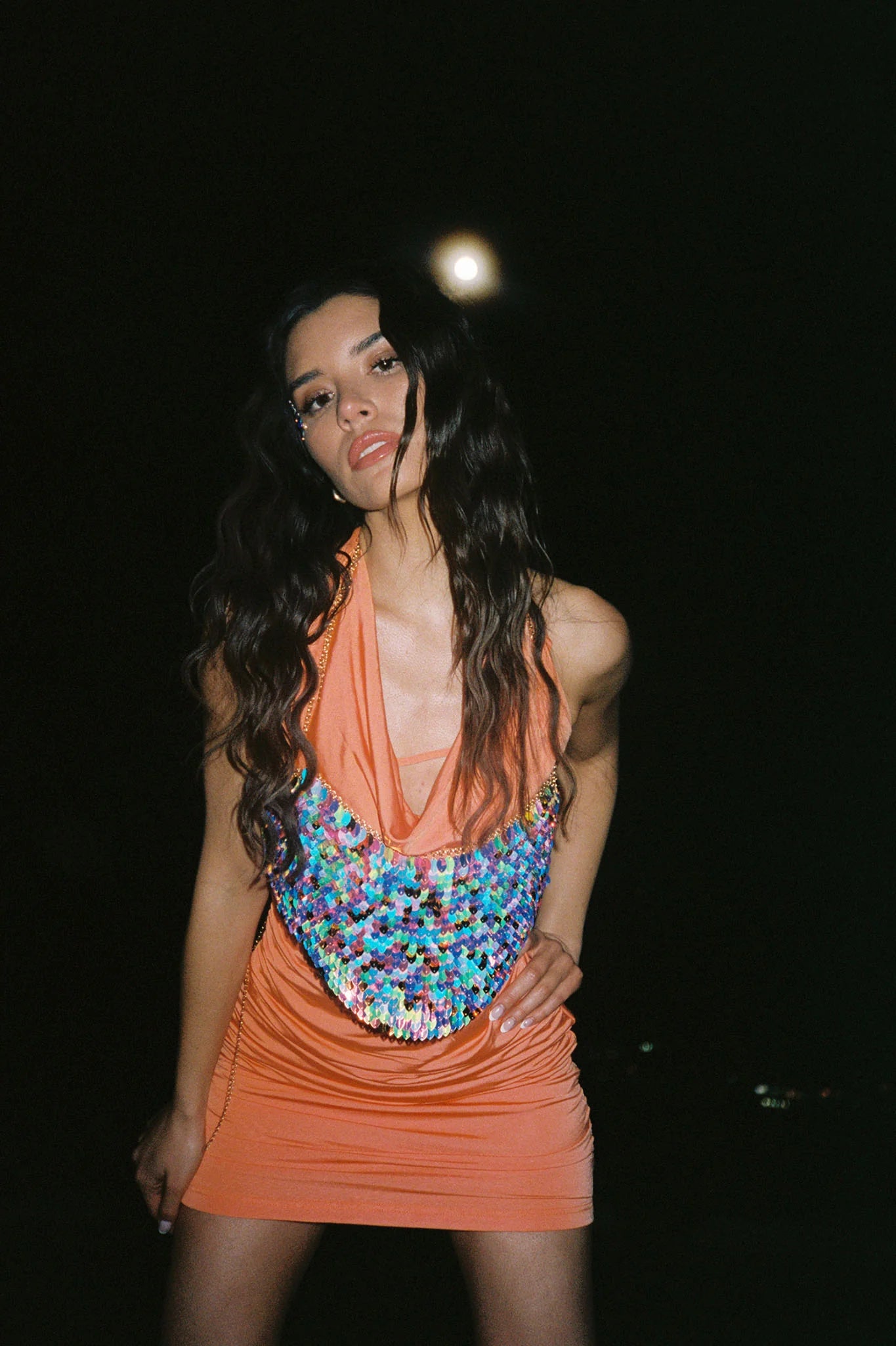 Show Girl Ruched Halterneck Mini Dress Coral