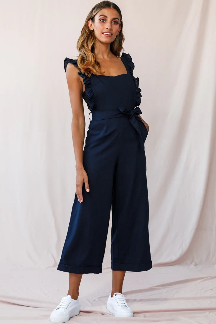 Serenade Ruffle Strap Pinafore Jumpsuit Navy