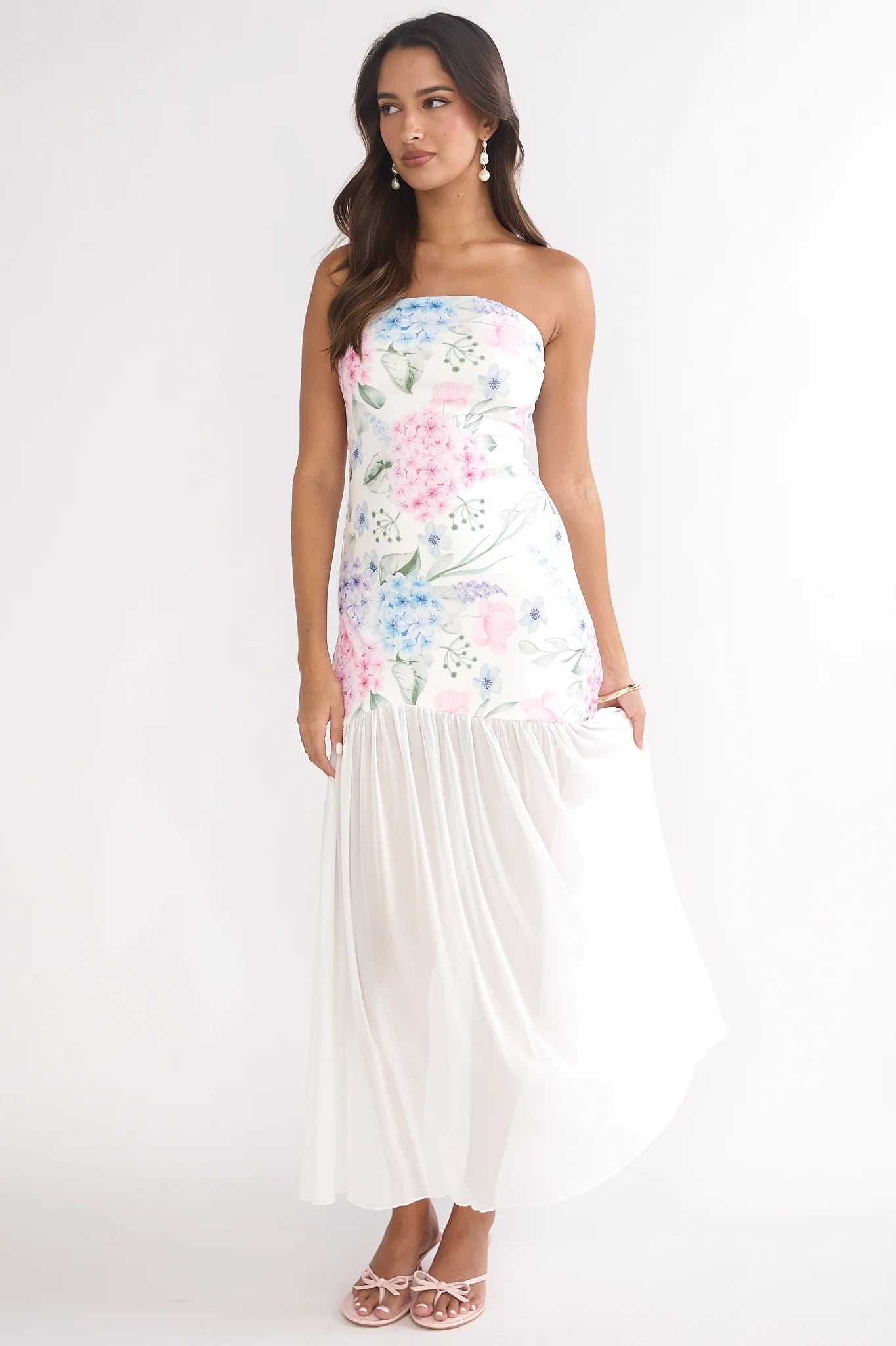 Wilma Sheer Hem Strapless Maxi Dress Flowers Blue