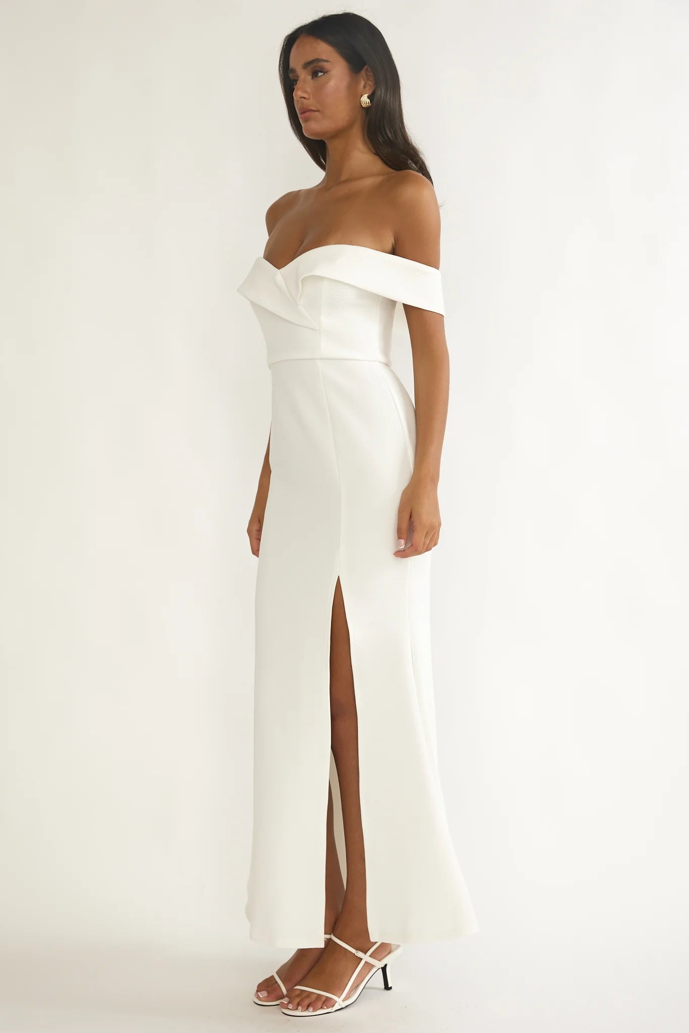 Rider Off-Shoulder Front Split Maxi Dress White