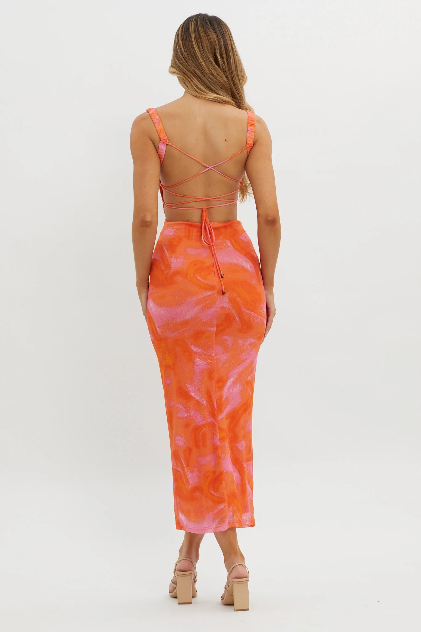 Dream Crush Lace-Up Back Side Split Maxi Dress Swirl Orange