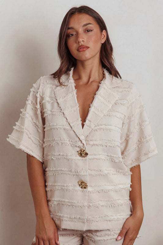 Reed Raw Edge Trim Collared Top Cream