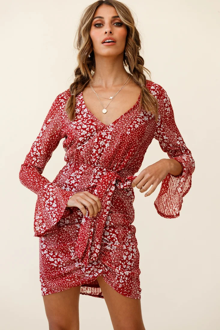 Simona Long Sleeve Wrap Style Dress Floral Print Red
