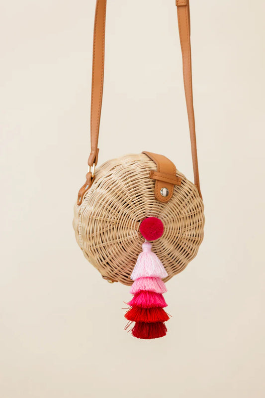 Tulum Woven Circle Tassel Trim Bag Pink