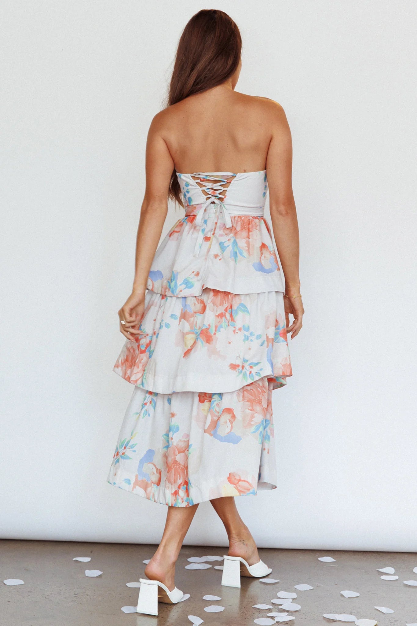 Outshine Strapless Tiered Midi Dress Floral Peach