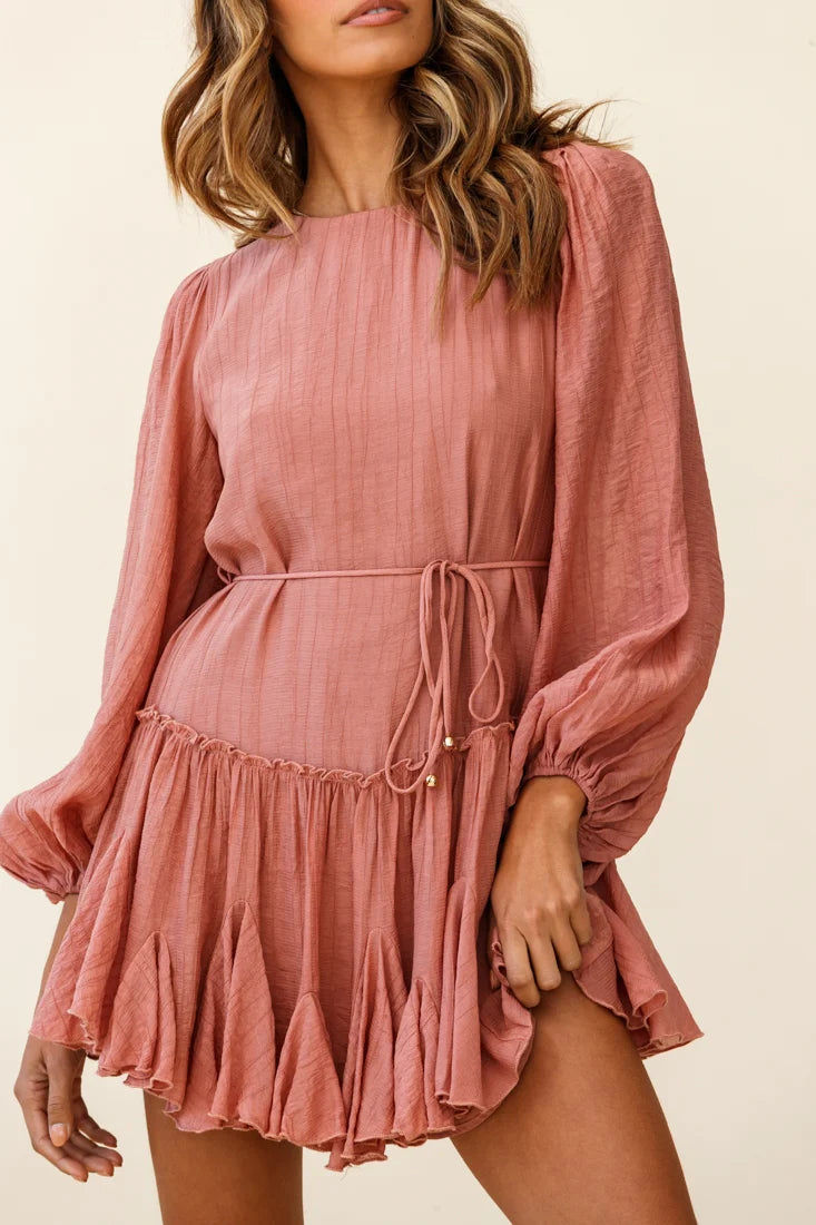 Rosabel Balloon Sleeve Fluted Hem Dress Rose
