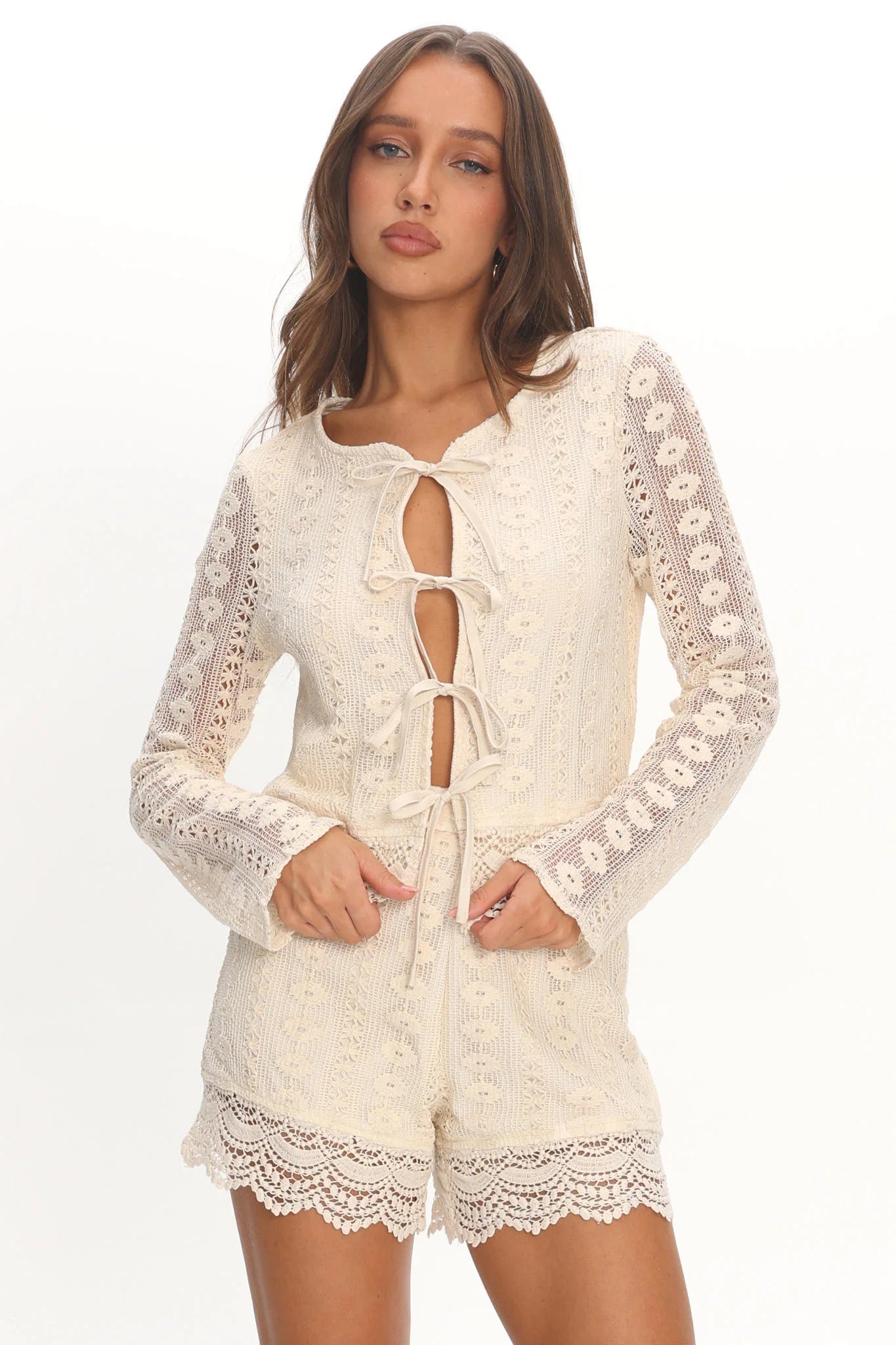 Perrine Lace Tie Front Top Oat