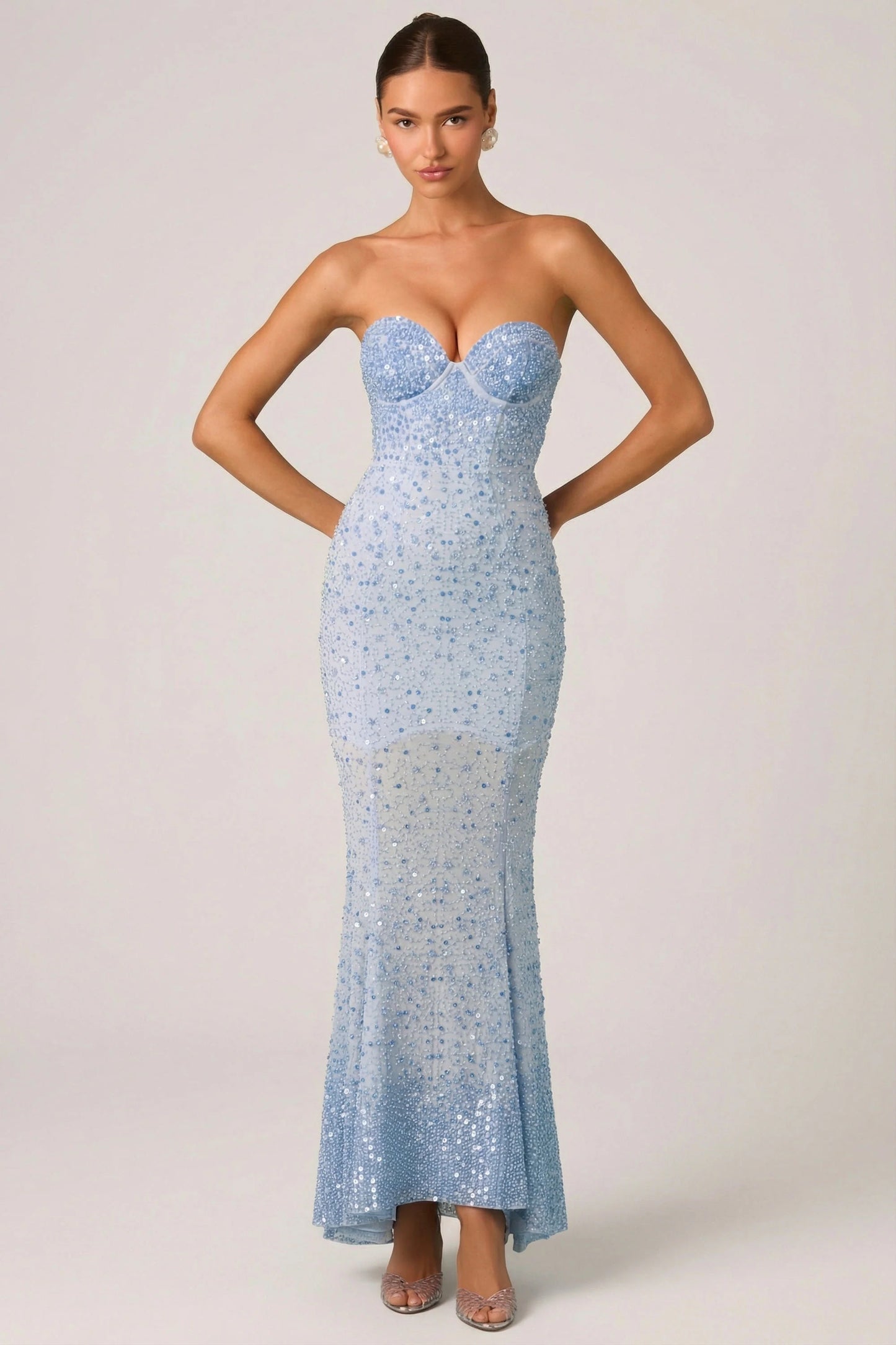 Embellished Sweetheart-Neck Fishtail Gown in Sky Blue