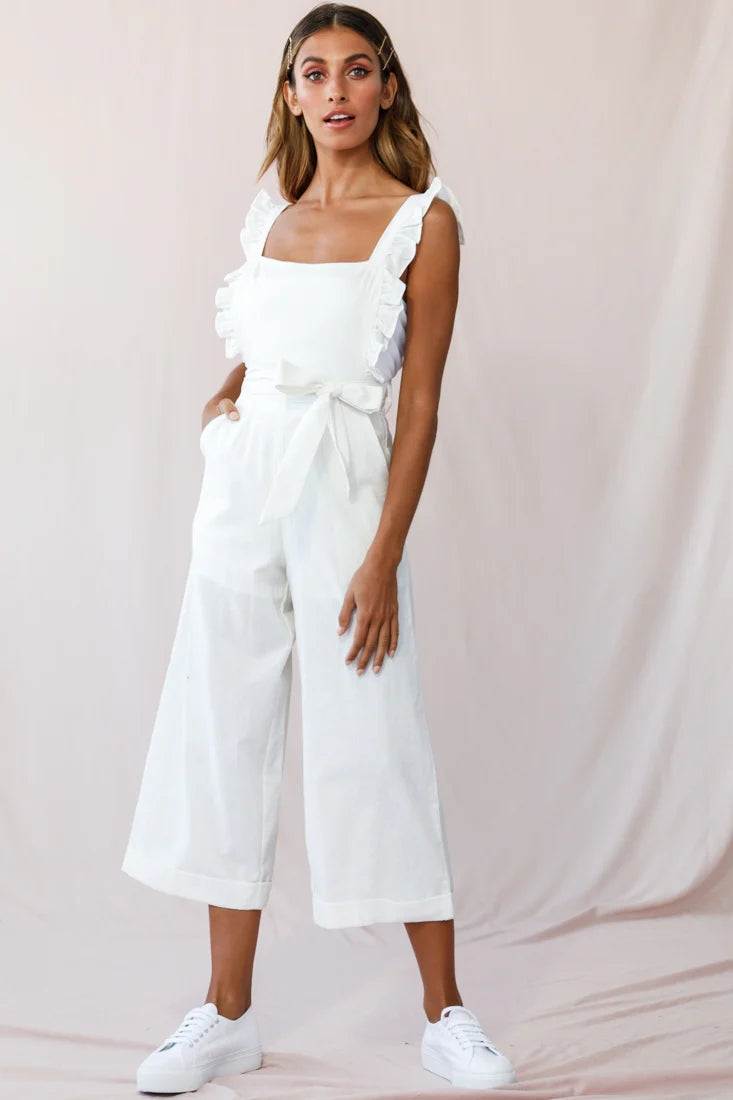 Serenade Ruffle Strap Pinafore Jumpsuit White