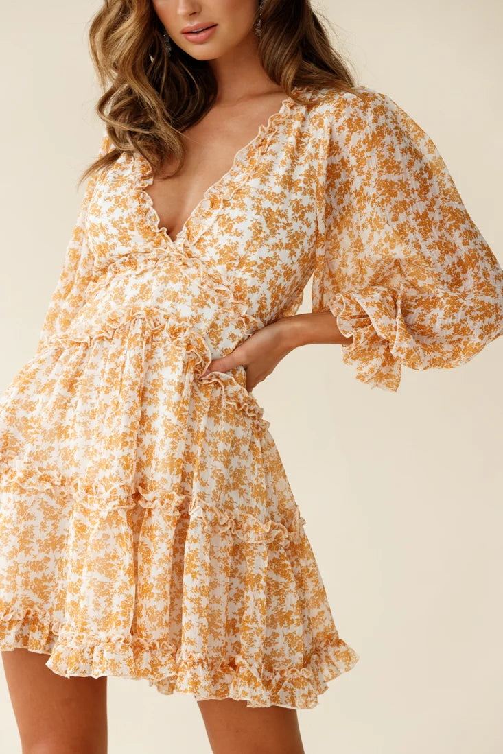Laney Cutout Back Balloon Sleeve Dress Floral Print Mustard
