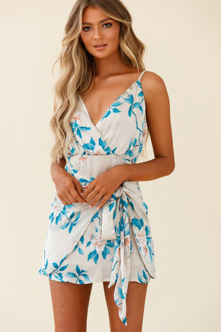 Estelle Wrap Detail Satin Dress Floral Print Mocha