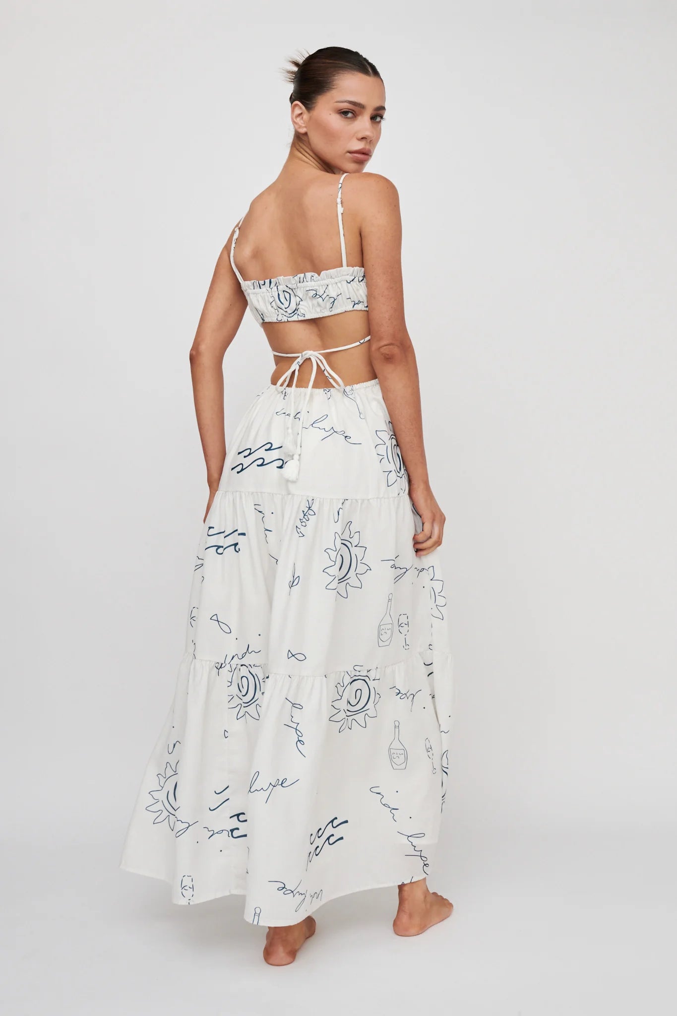 Eyona Cut-Out Back Tie Maxi Dress Print Cream Blue