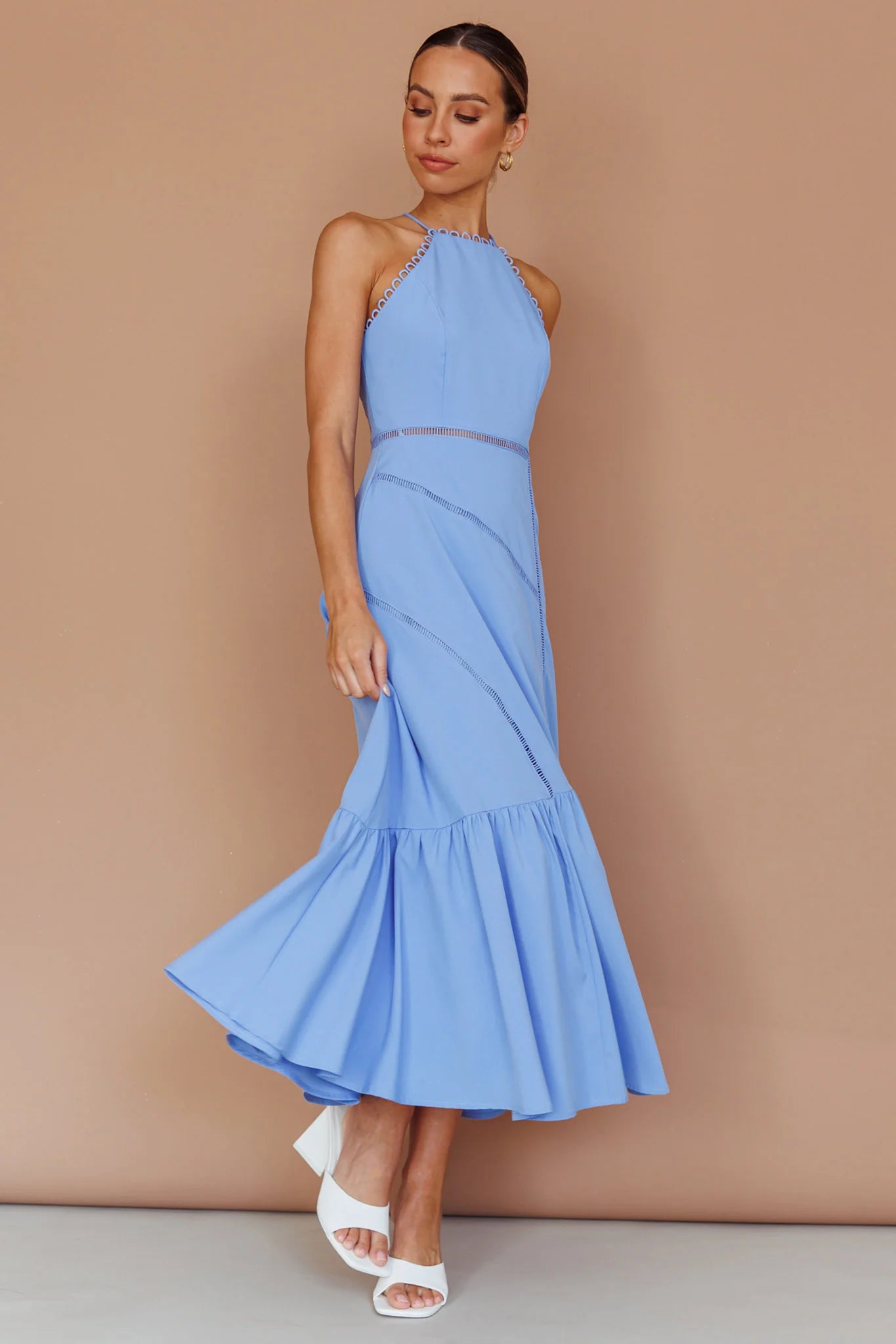 Felini Criss-Cross Back Flounce Midi Dress Blue