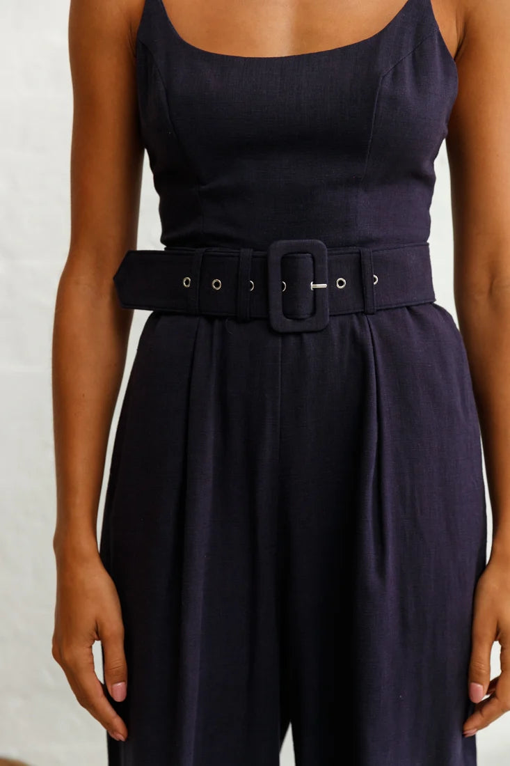 Santa Barbara Cuffed Hem Belted Jumpsuit Navy