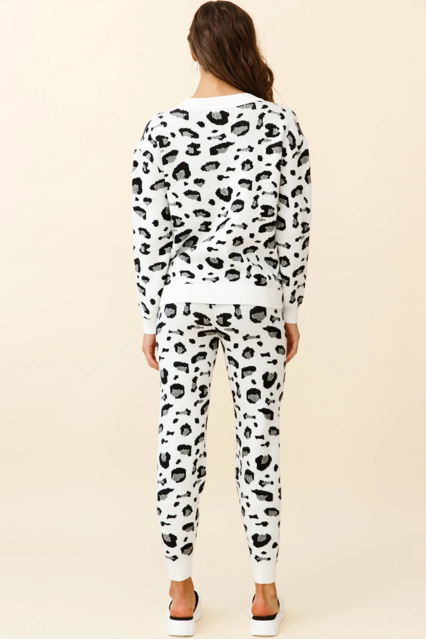 Chase The Moon V-Neck Sweater & Pants Set White Leopard Print