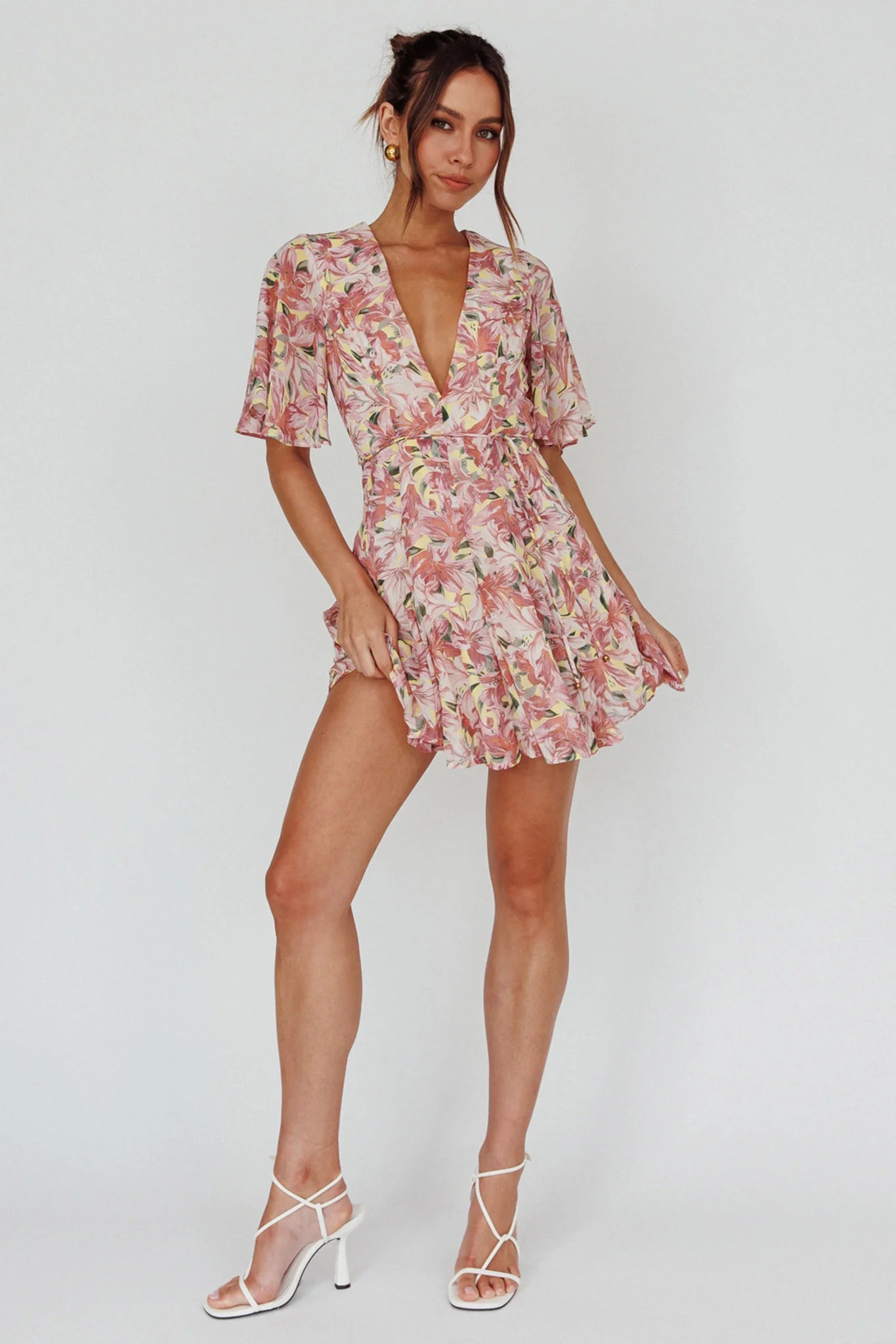 Estelle Angel Sleeve Dress Lily Print Yellow
