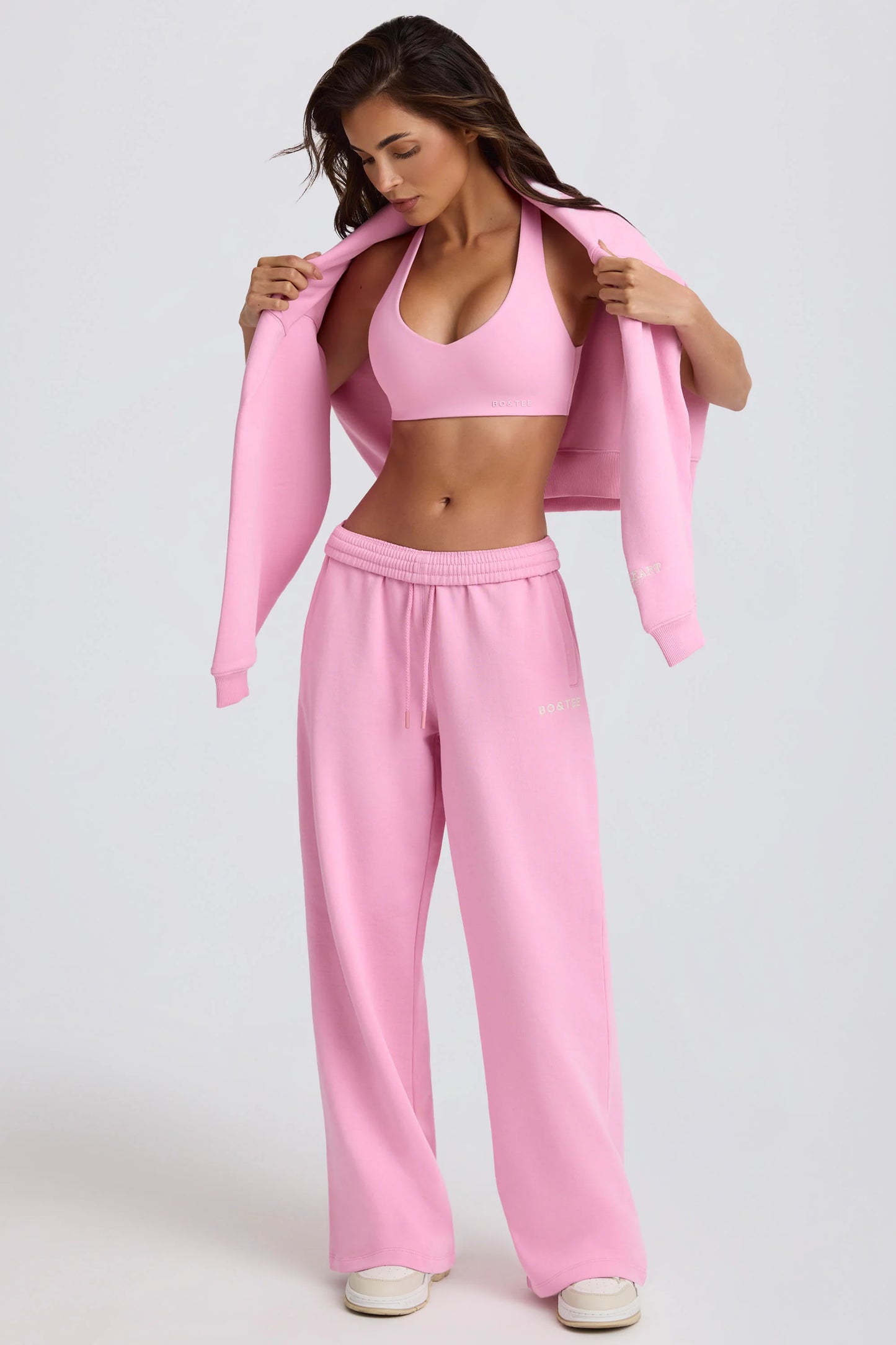 Soft Cotton Jersey Mid-Rise Wide-Leg Joggers in Baby Pink