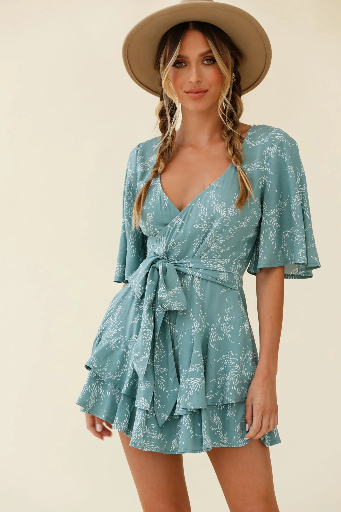Davina Angel Sleeve Cut-Out Back Romper Leaf Print Sage