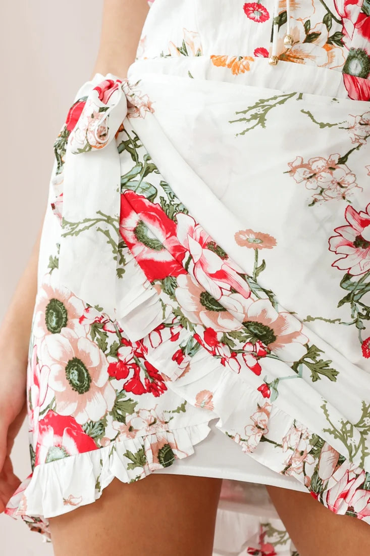 Natalie Sweetheart Neckline Wrap Dress Floral Print White