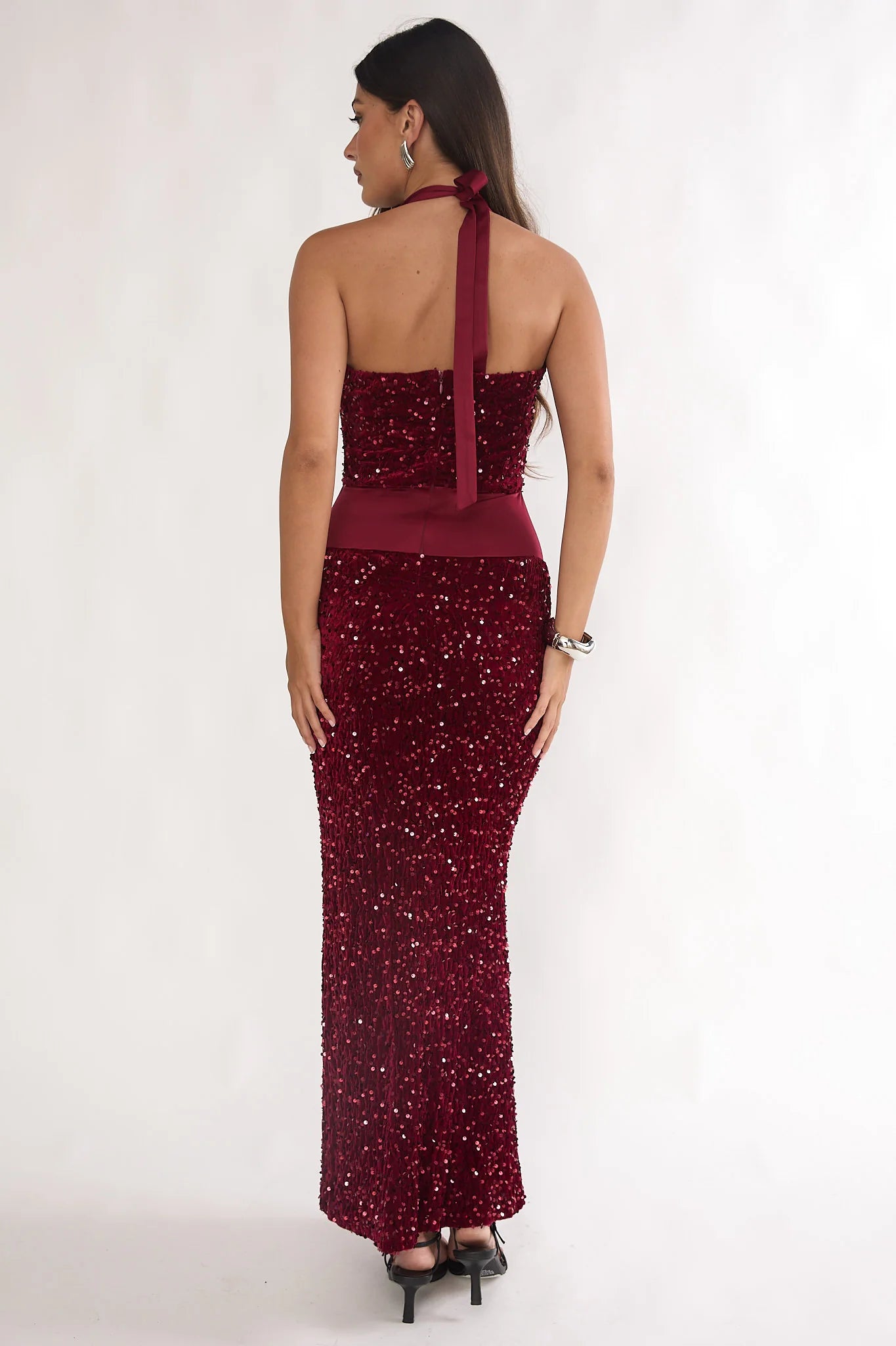 Cabernet Halter Maxi Dress Sequin Wine
