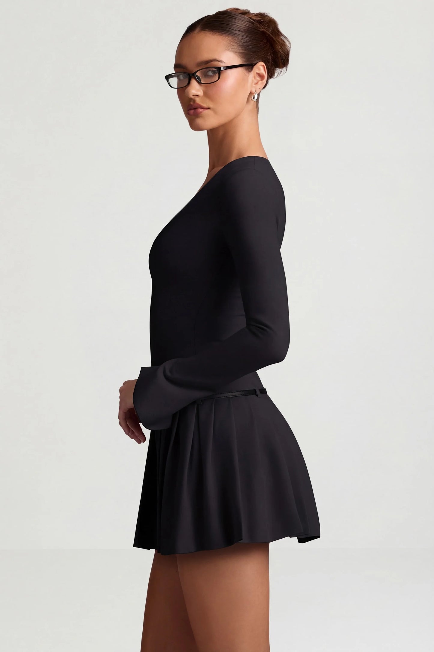 Long-Sleeve Pleated Mini Dress in Black