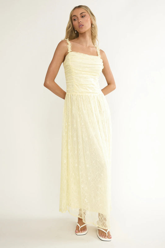 Dahlin Frill Strap Lace Overlay Maxi Dress Butter