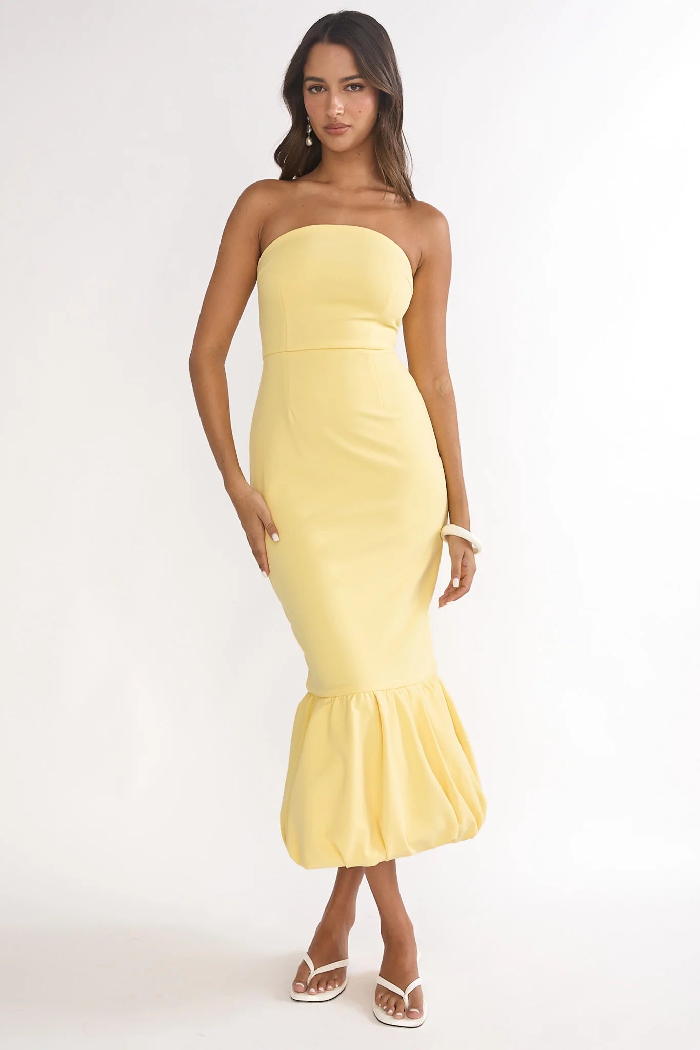 Elira Bubble Hem Strapless Midi Dress Lemon