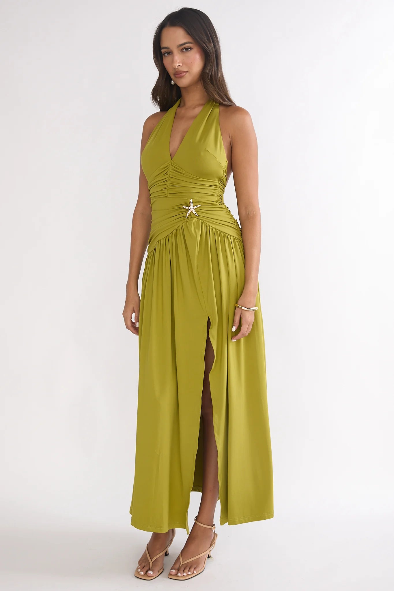 Nightbloom Ruched Waist Halter Maxi Dress Olive