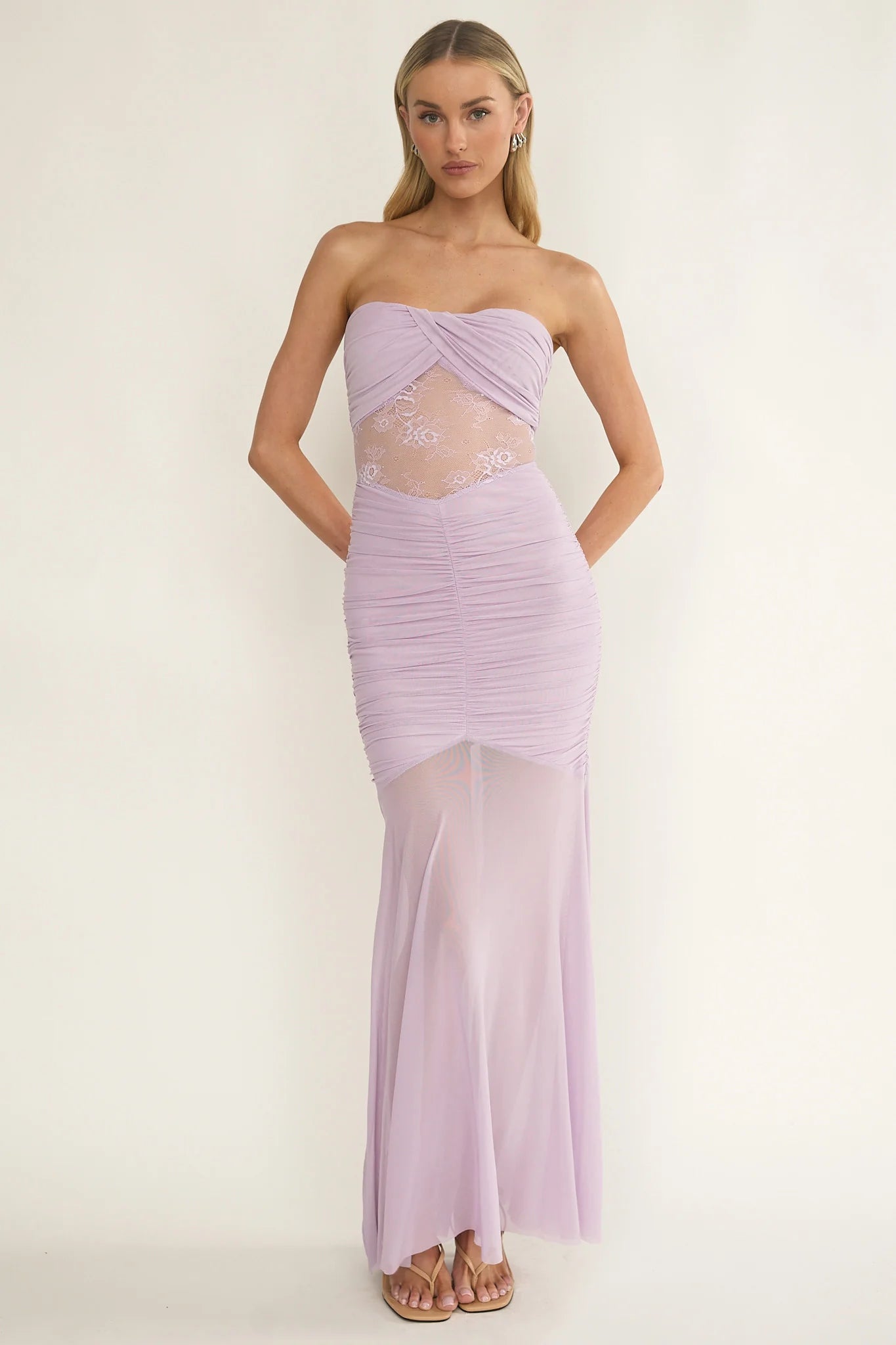 Sade Strapless Sheer Panel Ruched Maxi Dress Lilac