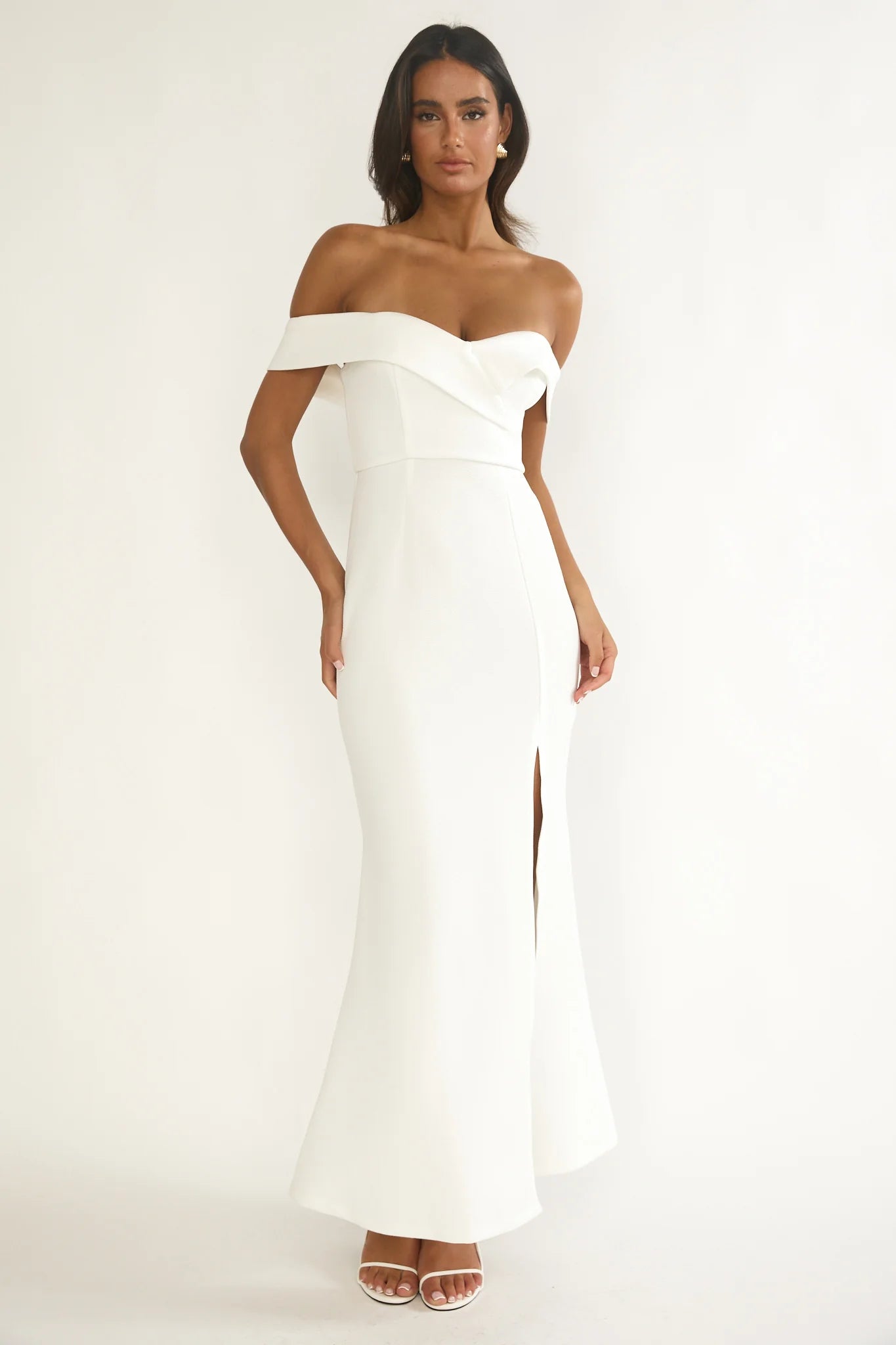 Rider Off-Shoulder Front Split Maxi Dress White