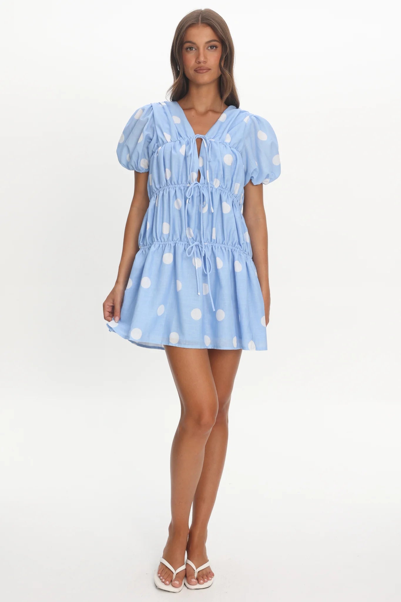 Antibes Tie Front Puff Sleeve Mini Dress Light Blue