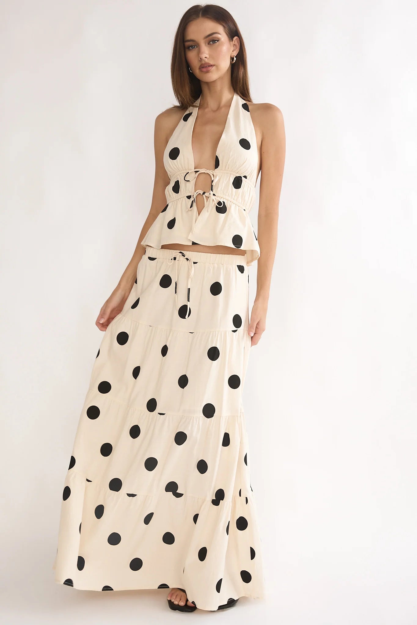 Under The Moons A-Line Maxi Skirt Polka Dot Beige