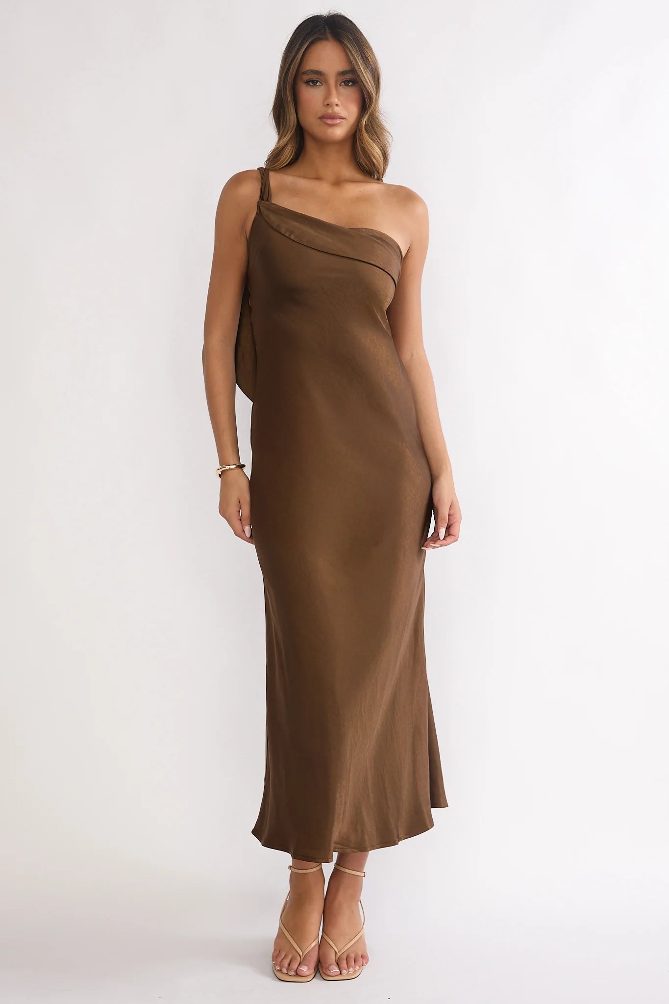 Carmel One-Shoulder Sash Maxi Dress Chocolate