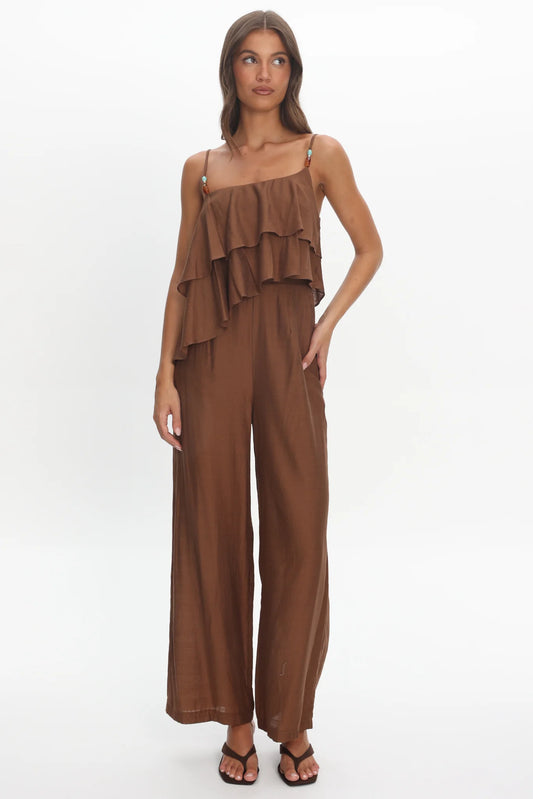 Darylyn Asymmetric Ruffle Jumpsuit Chocolate