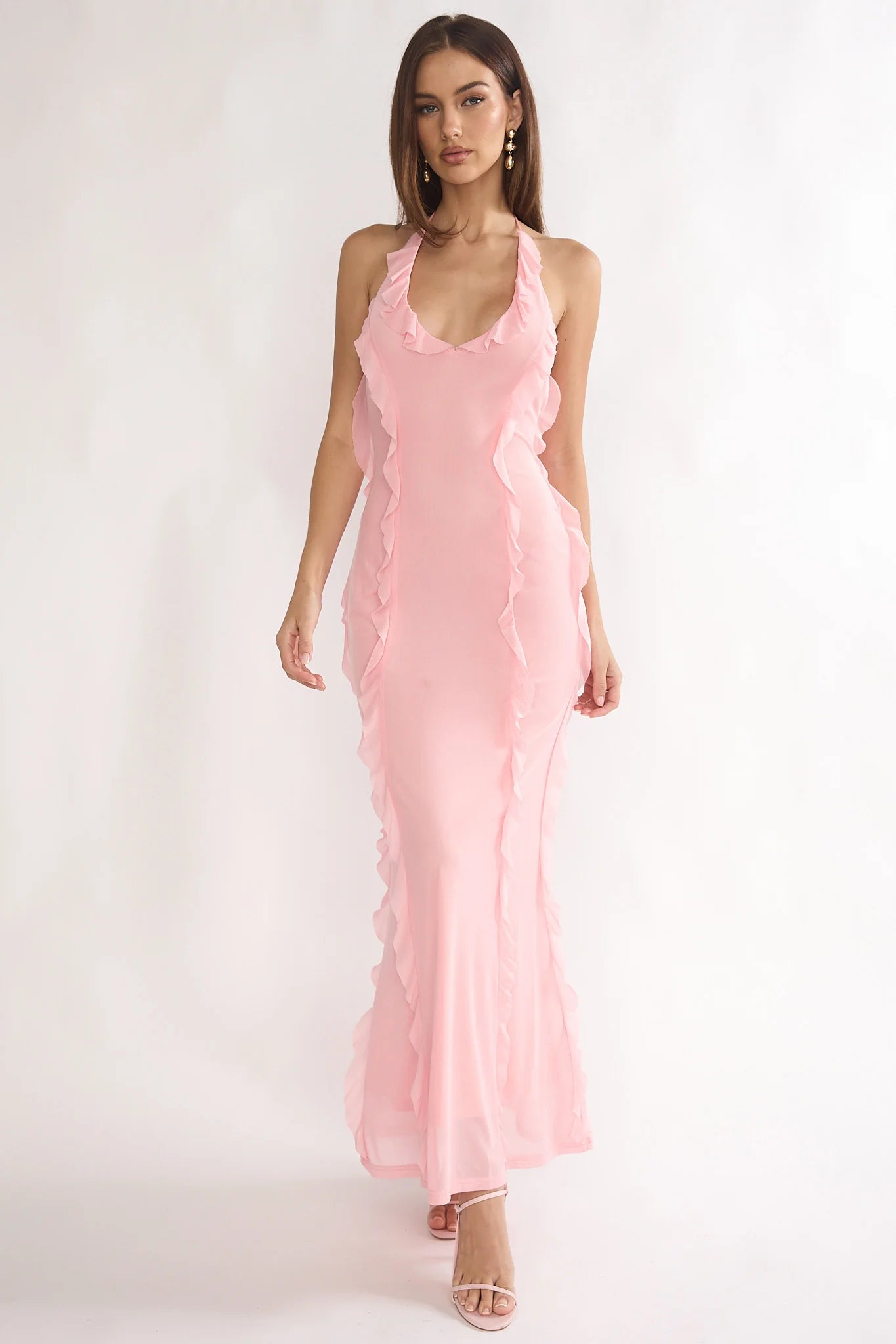 Collins Halter Ruffle Trim Maxi Dress Pink