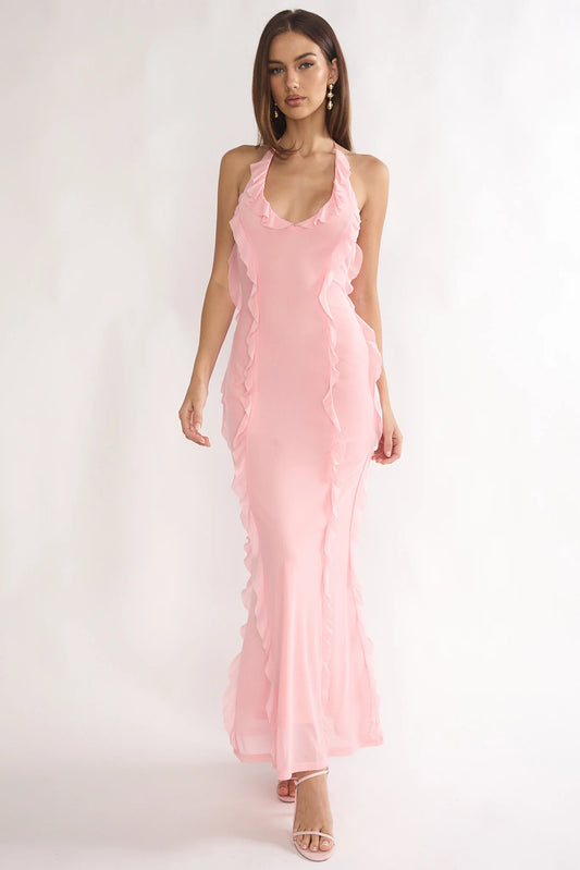 Collins Halter Ruffle Trim Maxi Dress Pink