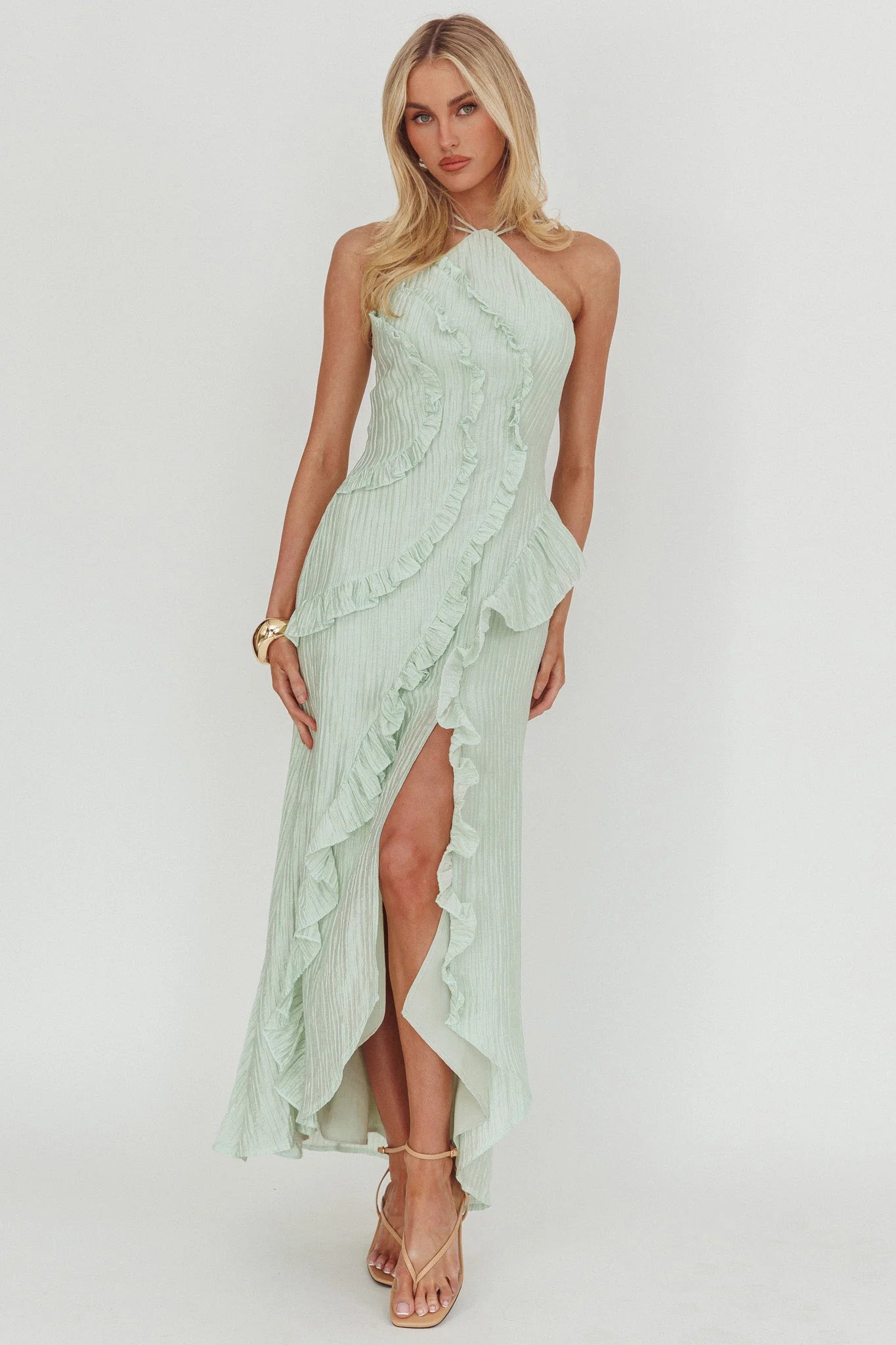 Nerisse Textured Frill Halter Maxi Dress Sage