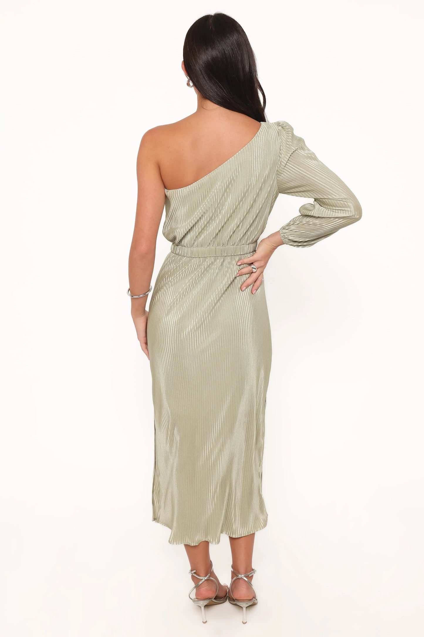 Pontee One Shoulder Pleated Midi Dress - Sage Green