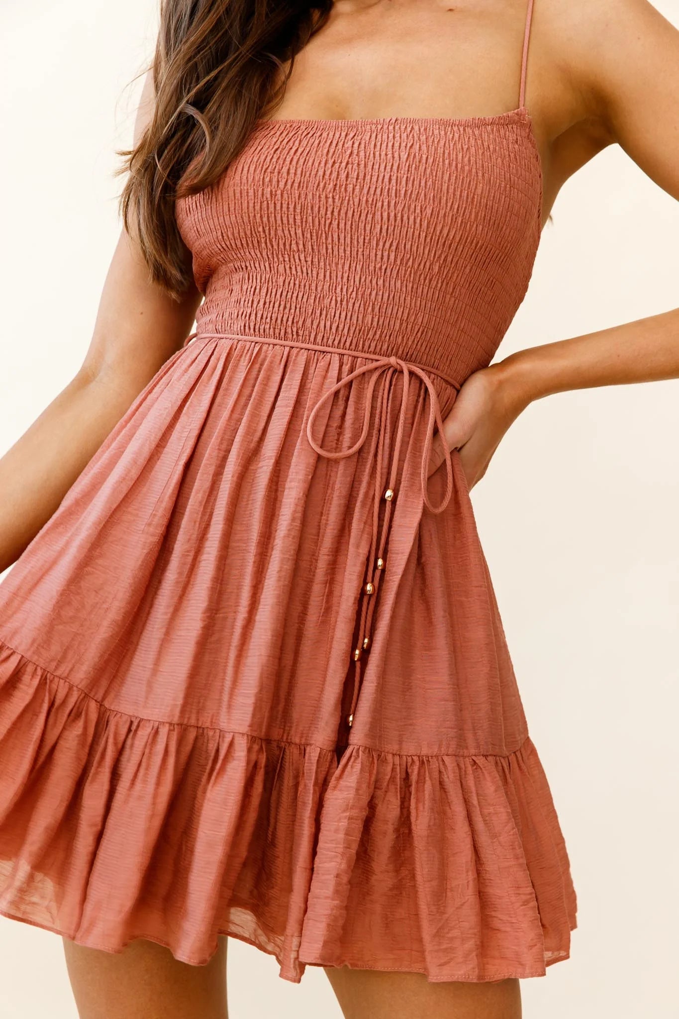 Marja Cami Strap Shirred Baby Doll Dress Rose