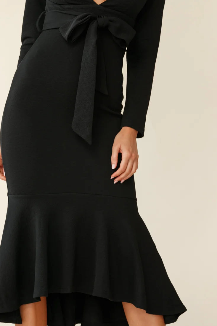 Sorry Not Sorry Long Sleeve Flounce Midi Dress Black