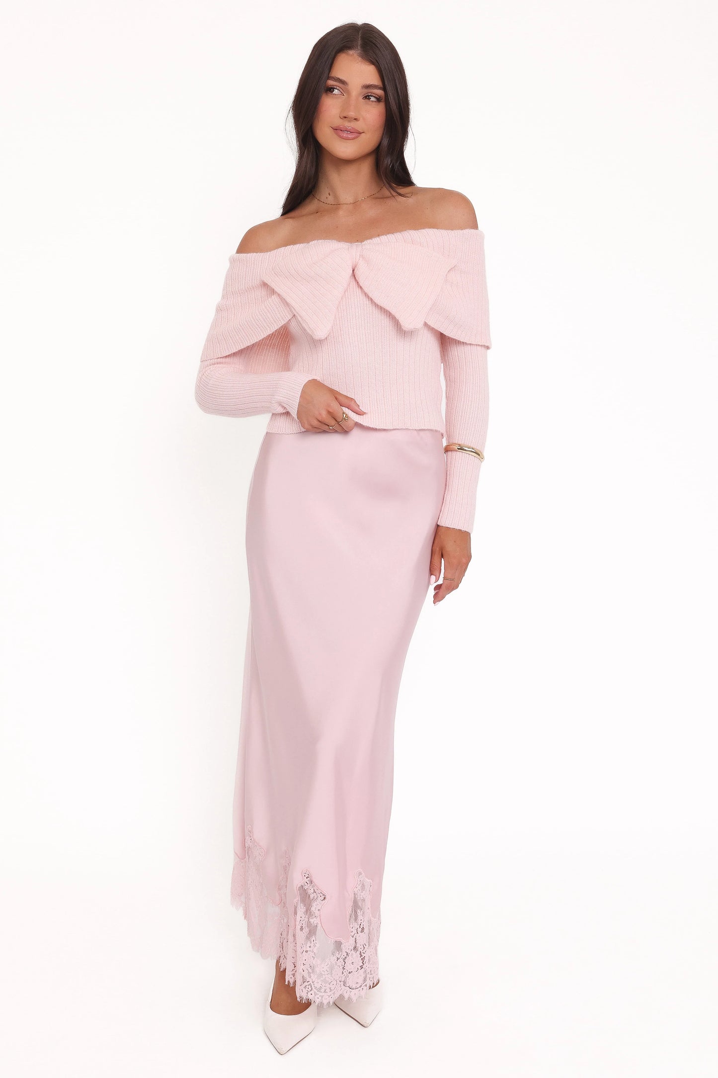Helene Bow Off Shoulder Knit Sweater - Pink