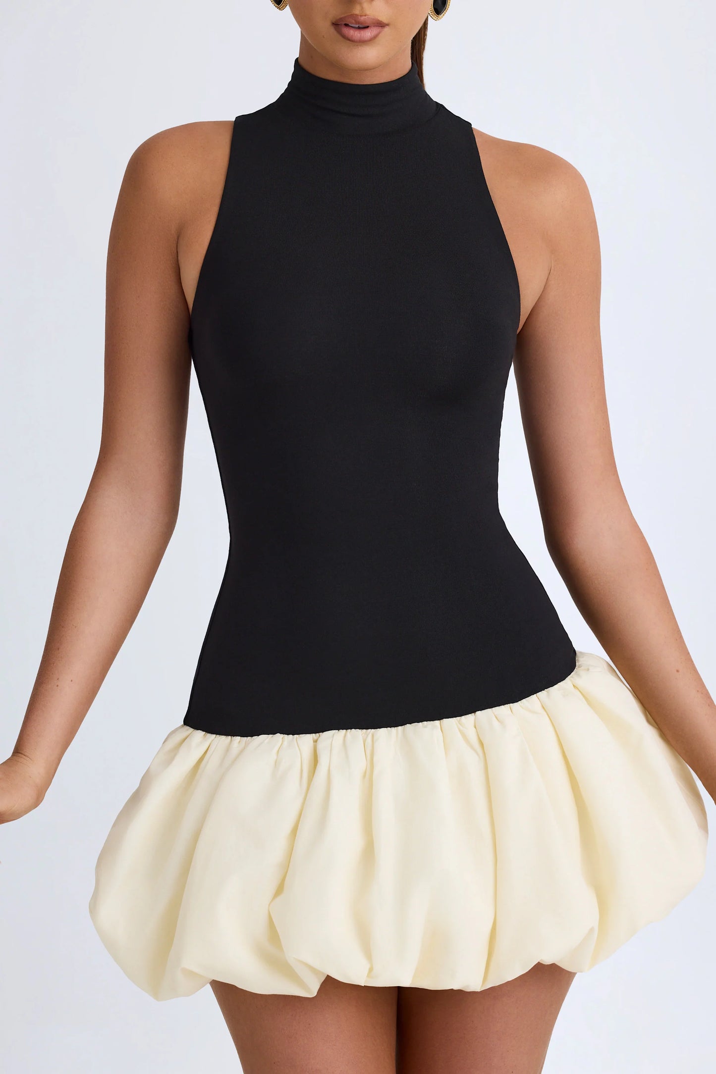 Modal Turtleneck Drop-Waist Bubble Hem Mini Dress in Black