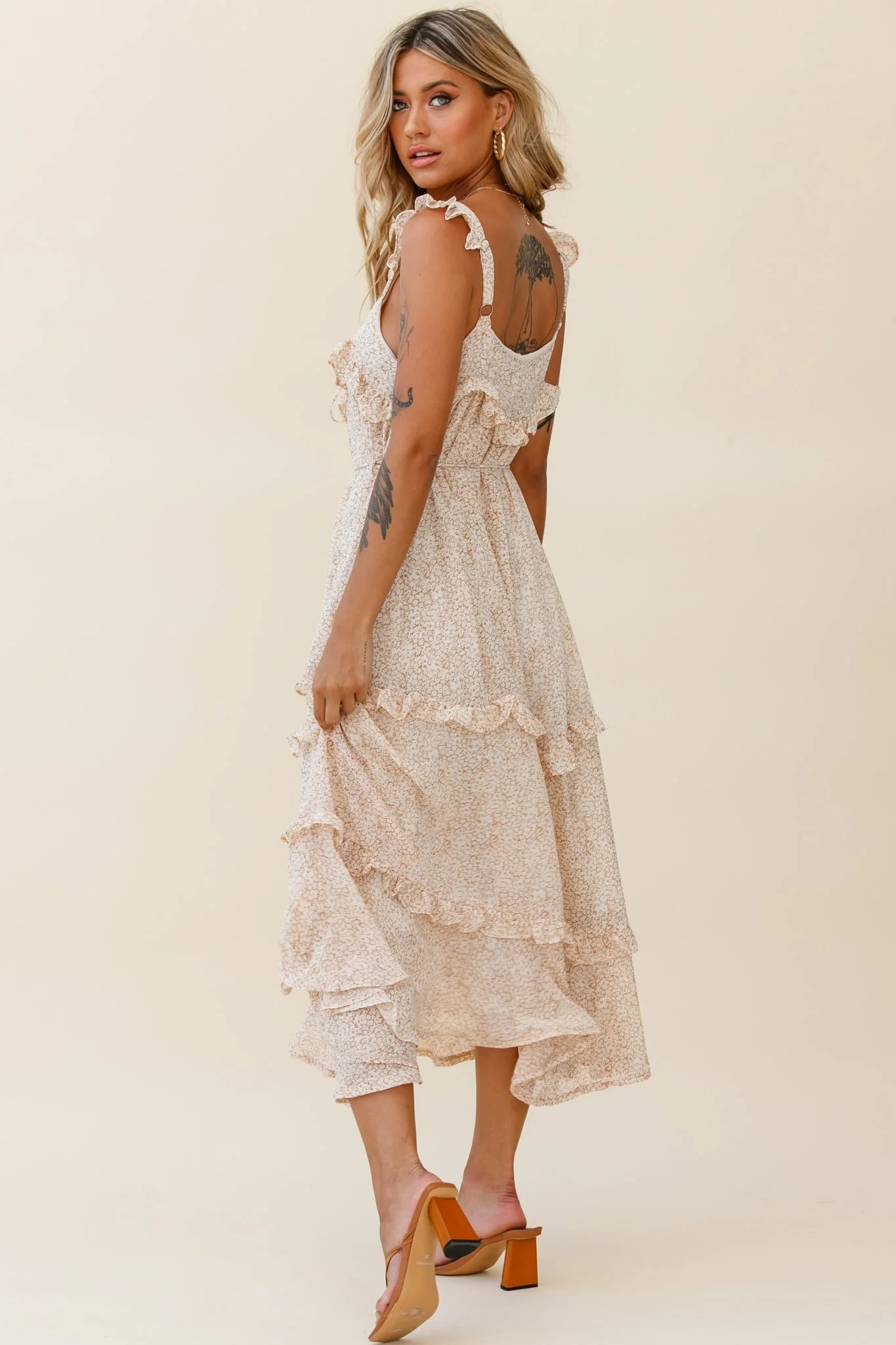 Priscilla Frill Detail Maxi Dress Floral Print Beige