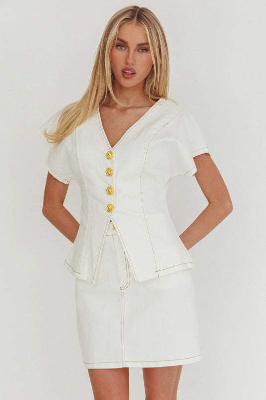 Over It Short Gold Button Mini Skirt Cream