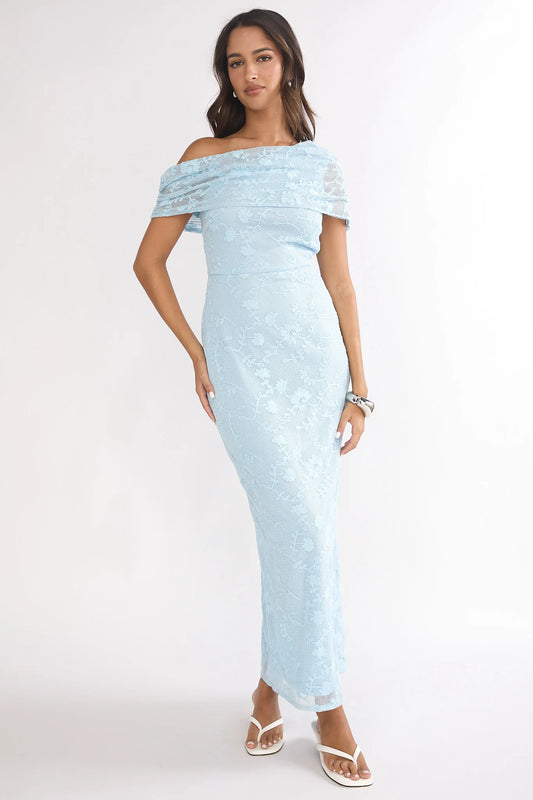 Elita Asymmetric Neckline Lace Maxi Dress Blue