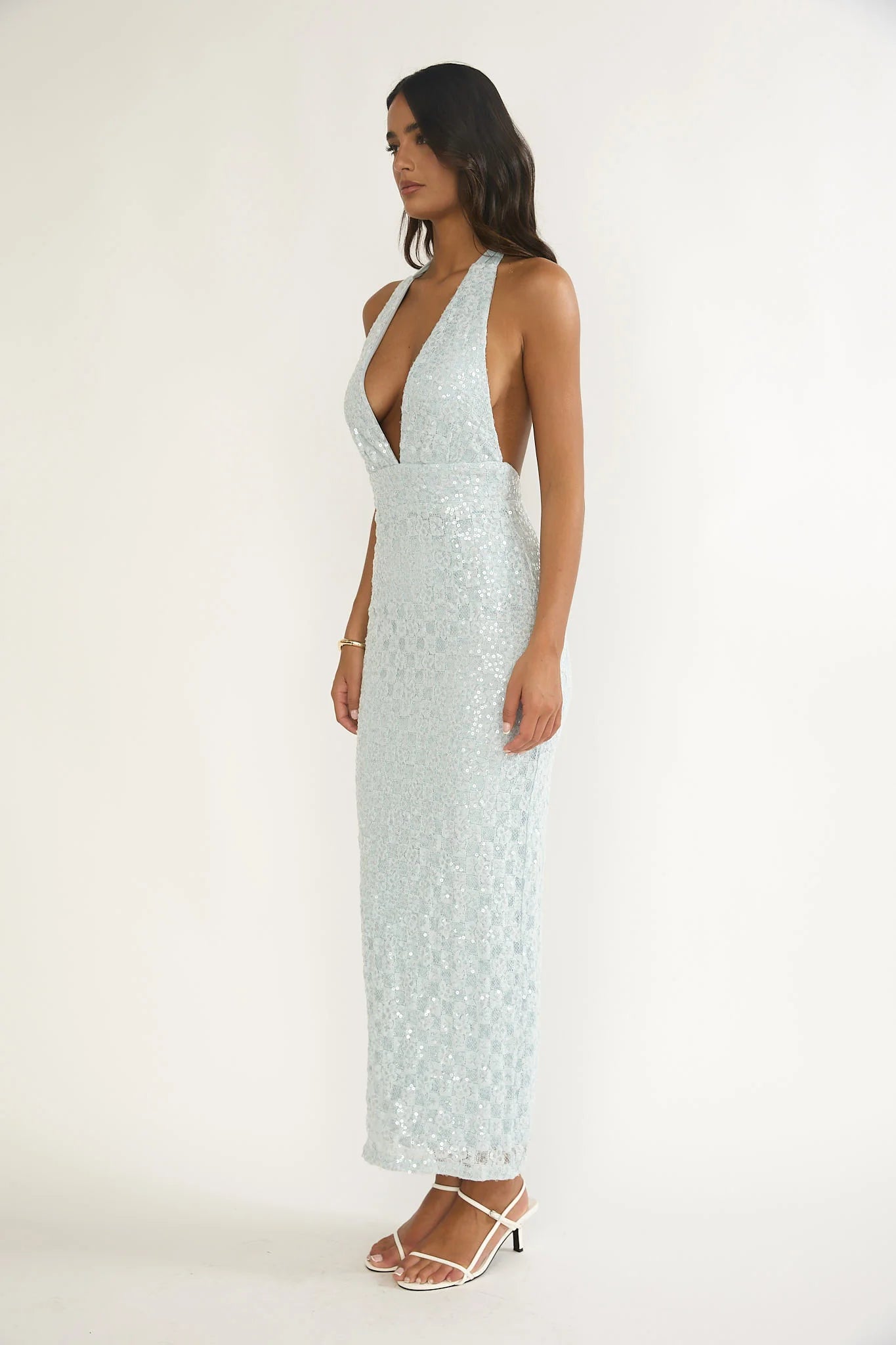 Cipriana Backless Halter Maxi Dress Sequin Blue