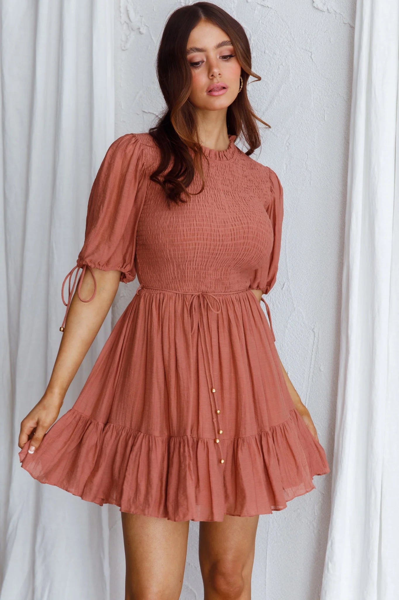 Secret Garden Puff Sleeve Smocked Bodice Dress Mocha