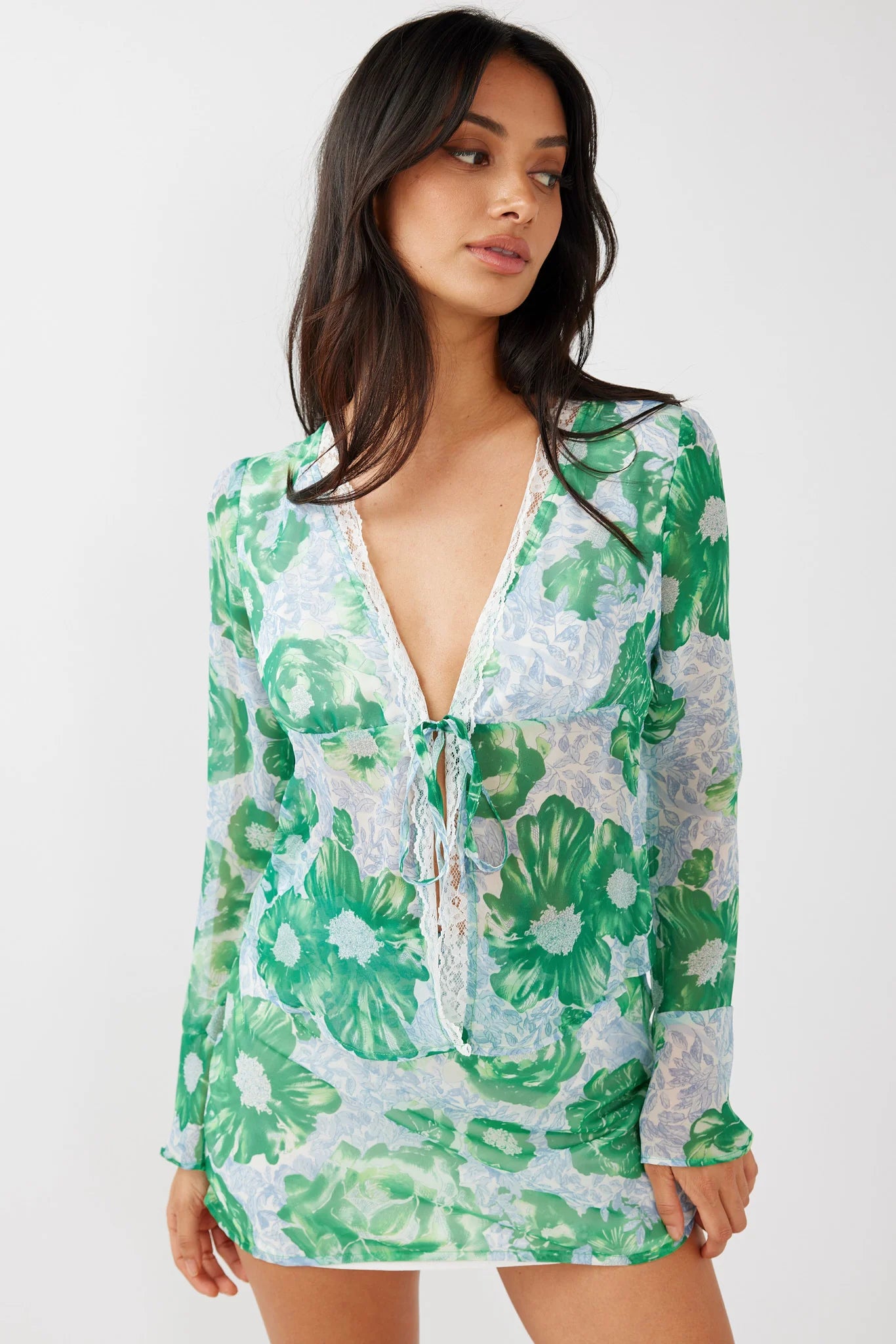 Sincerity Long Sleeve Tie Front Top Print Green