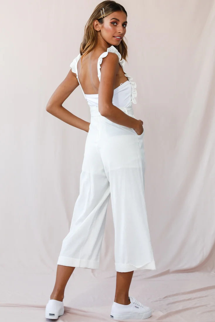 Serenade Ruffle Strap Pinafore Jumpsuit White